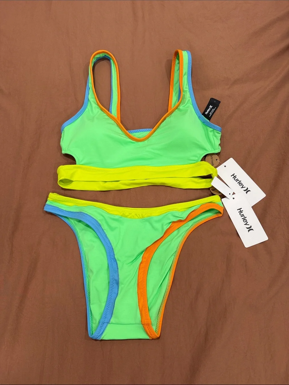Hurley Neon Green Bikini with Orange, Blue and Yellow Trim